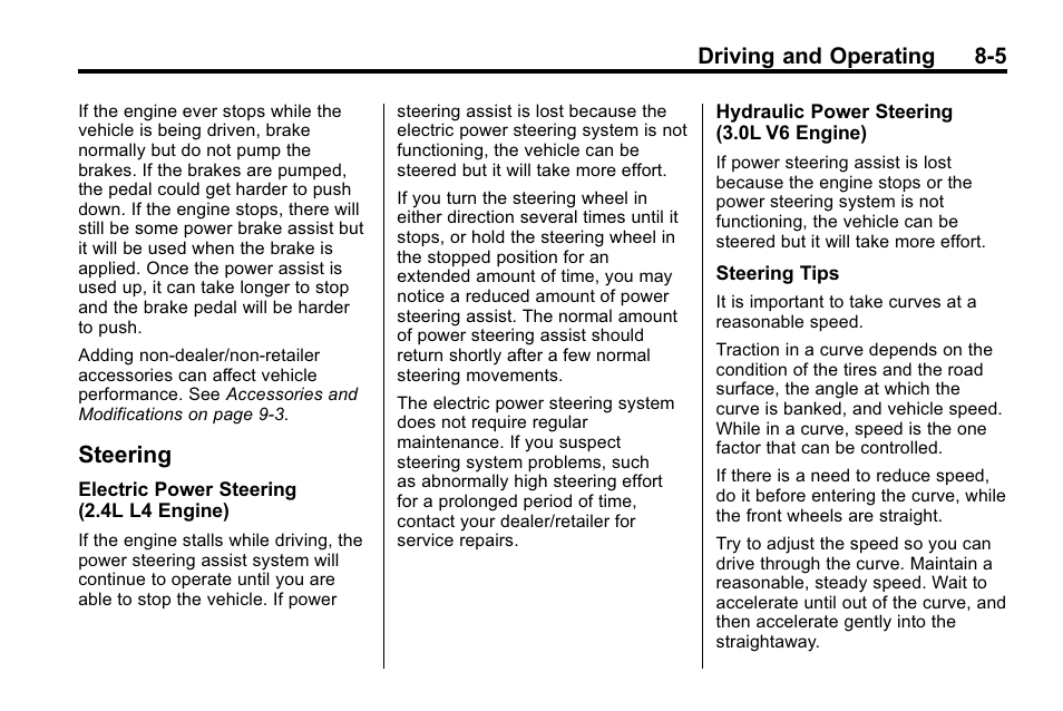 Steering, Steering -5, Driving and operating 8-5 | CHEVROLET 2010 Equinox User Manual | Page 219 / 410