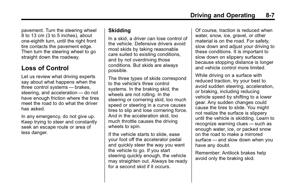 Loss of control, Loss of control -7, Driving and operating 8-7 | CHEVROLET 2010 Equinox User Manual | Page 221 / 410