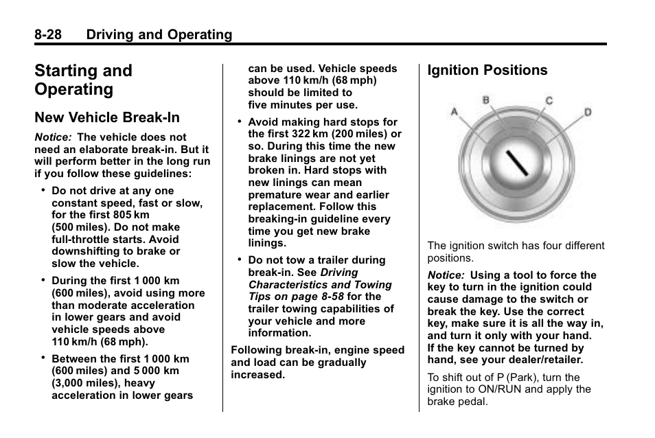 Starting and operating, New vehicle break-in, Ignition positions | Starting and operating -28, New vehicle break-in -28 ignition positions -28, 28 driving and operating | CHEVROLET 2010 Equinox User Manual | Page 242 / 410