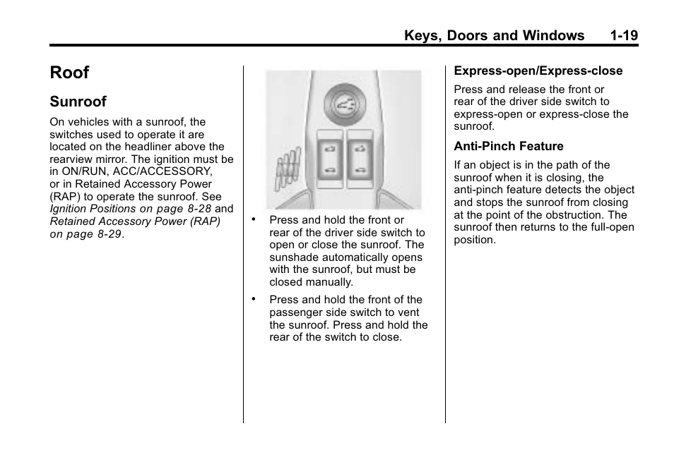 Roof, Sunroof, Roof -19 | Vehicle, Sunroof -19, Keys, doors and windows 1-19 | CHEVROLET 2010 Equinox User Manual | Page 25 / 410
