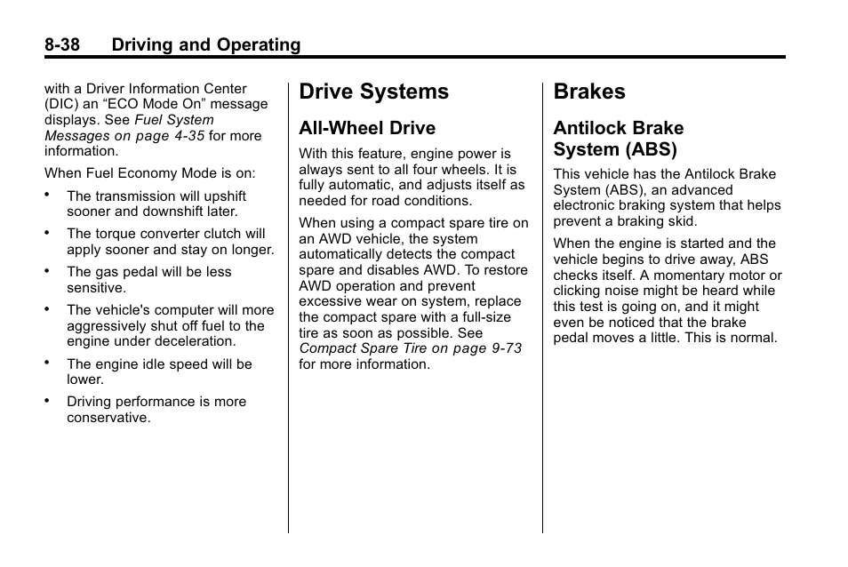Drive systems, All-wheel drive, Brakes | Antilock brake system (abs), Drive systems -38 brakes -38, All-wheel drive -38, Antilock brake, System (abs) -38, 38 driving and operating | CHEVROLET 2010 Equinox User Manual | Page 252 / 410