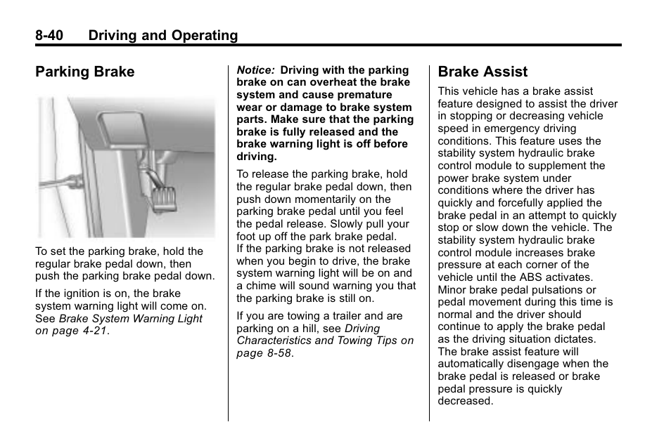 Parking brake, Brake assist, Parking brake -40 brake assist -40 | CHEVROLET 2010 Equinox User Manual | Page 254 / 410