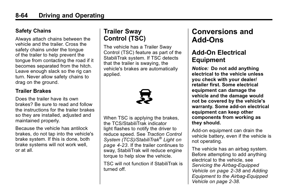Trailer sway control (tsc), Conversions and add-ons, Add-on electrical equipment | Conversions and add-ons -64, Trailer sway, Control (tsc) -64, Add-on electrical, Equipment -64 | CHEVROLET 2010 Equinox User Manual | Page 278 / 410