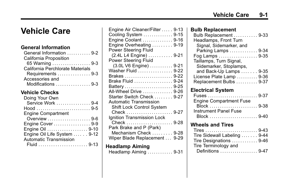 Vehicle care, Vehicle care -1, Vehicle care 9-1 | CHEVROLET 2010 Equinox User Manual | Page 279 / 410