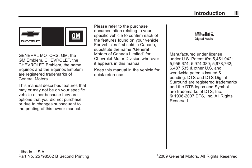 Introduction, Introduction iii | CHEVROLET 2010 Equinox User Manual | Page 3 / 410