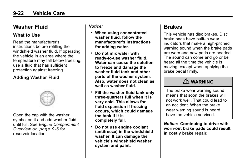 Washer fluid, Brakes, Washer fluid -22 brakes -22 | License, 22 vehicle care | CHEVROLET 2010 Equinox User Manual | Page 300 / 410