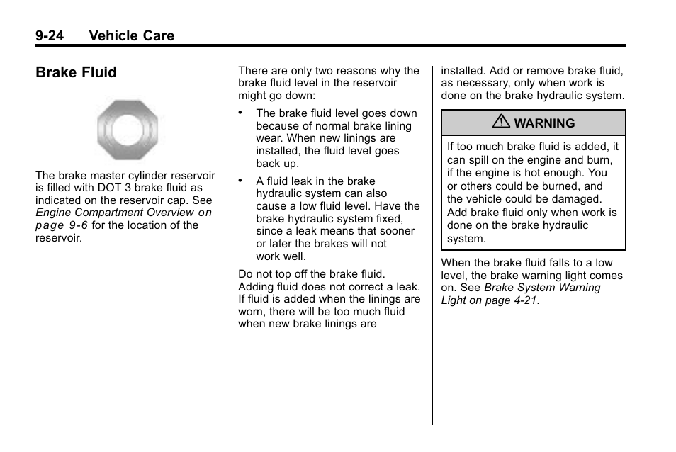 Brake fluid, Brake fluid -24, 24 vehicle care | CHEVROLET 2010 Equinox User Manual | Page 302 / 410