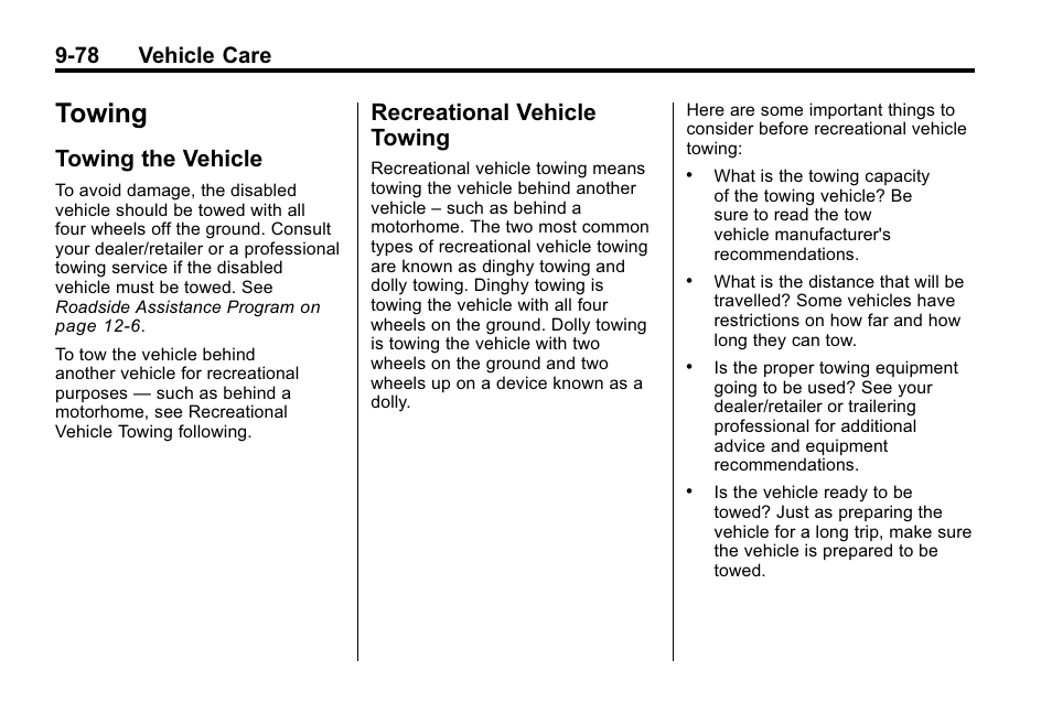 Towing, Towing the vehicle, Recreational vehicle towing | Towing -78, Privacy, Owing the vehicle -78 recreational vehicle, 78 vehicle care | CHEVROLET 2010 Equinox User Manual | Page 356 / 410