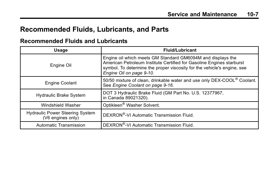 Recommended fluids, lubricants, and parts, Recommended fluids and lubricants, Recommended fluids | Lubricants, and parts -7, Recommended fluids and, Lubricants -7, Service and maintenance 10-7 | CHEVROLET 2010 Equinox User Manual | Page 373 / 410