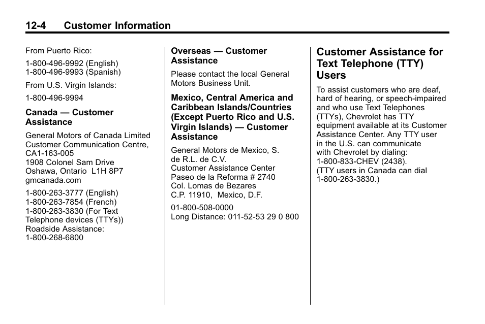 Customer assistance for text telephone (tty) users, Customer assistance for text, Telephone (tty) users -4 | 4 customer information | CHEVROLET 2010 Equinox User Manual | Page 386 / 410