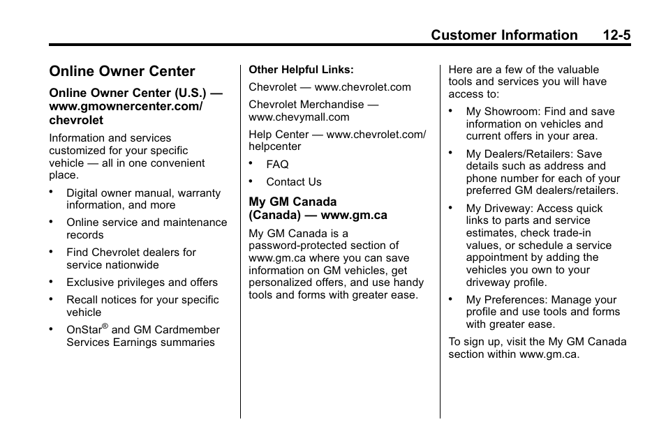 Online owner center, Online owner center -5, Customer information 12-5 | CHEVROLET 2010 Equinox User Manual | Page 387 / 410