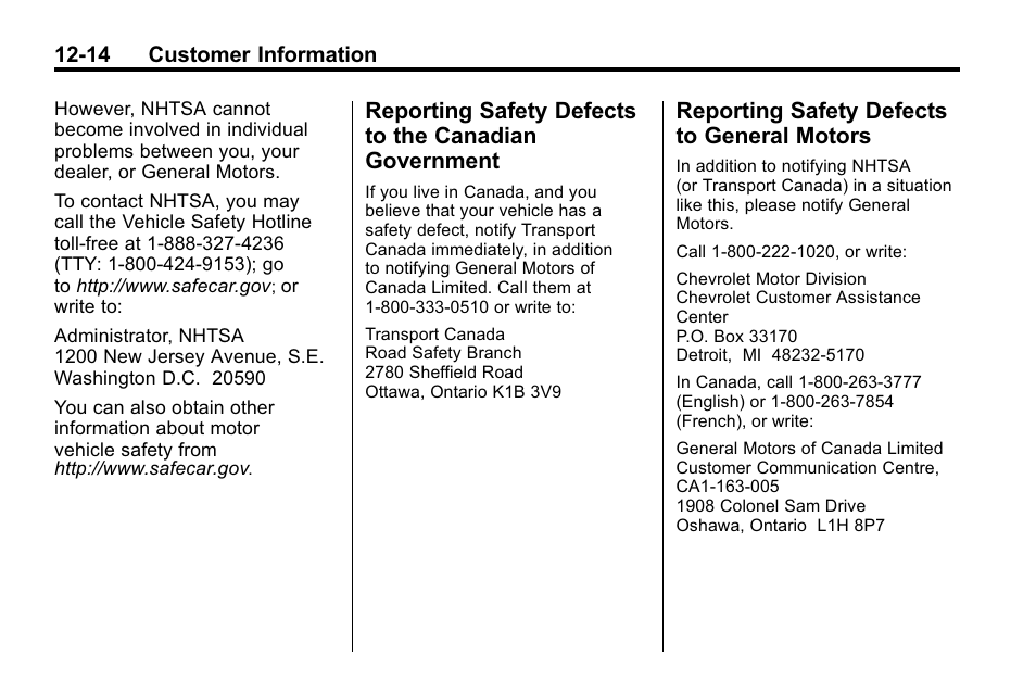Reporting safety defects to general motors, Reporting safety defects to, The canadian government -14 | General motors -14 | CHEVROLET 2010 Equinox User Manual | Page 396 / 410