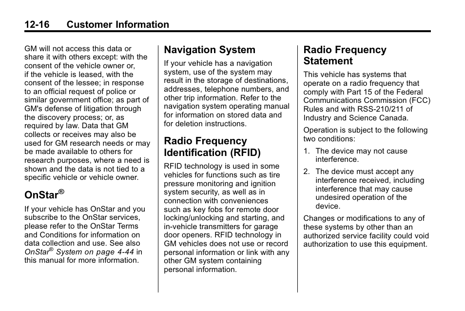 Onstar, Navigation system, Radio frequency identification (rfid) | Radio frequency statement, System -16 radio frequency, Identification (rfid) -16, Radio frequency, Statement -16, 16 customer information | CHEVROLET 2010 Equinox User Manual | Page 398 / 410