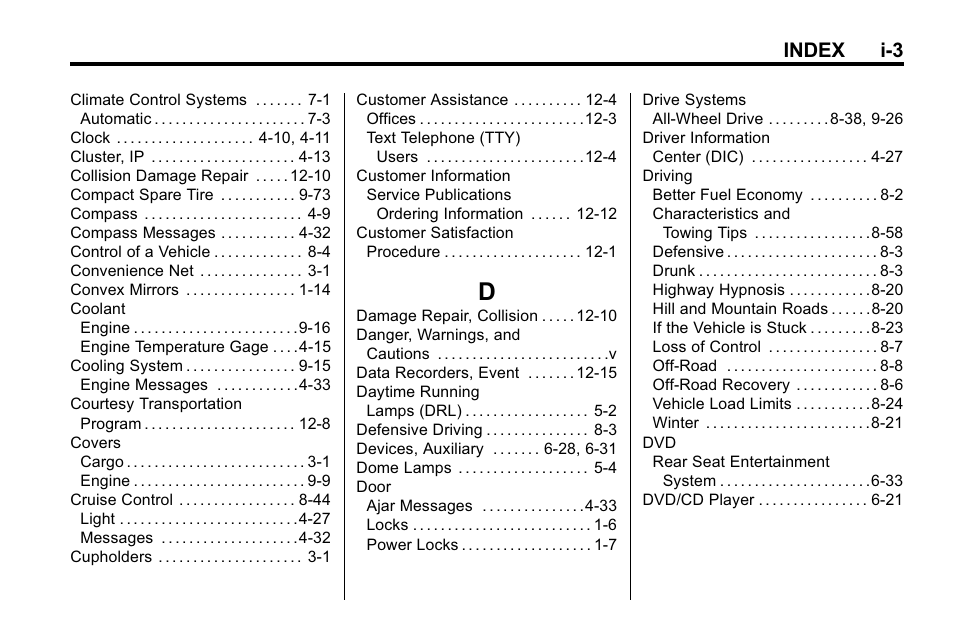 Index_d, Index i-3 | CHEVROLET 2010 Equinox User Manual | Page 401 / 410