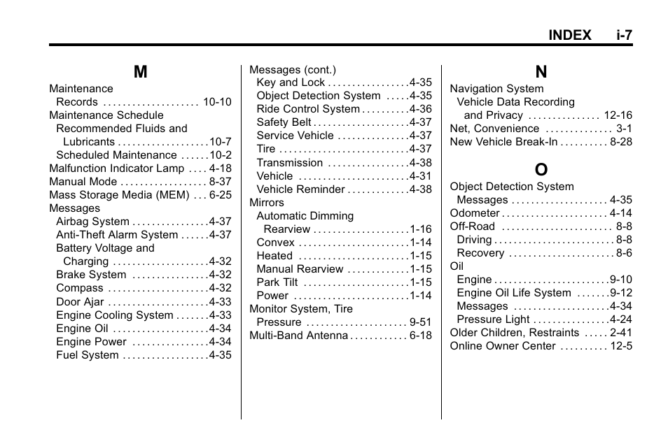 Index_m, Index_n, Index_o | Index i-7 | CHEVROLET 2010 Equinox User Manual | Page 405 / 410