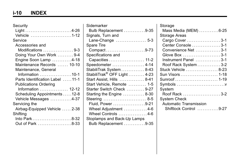 I-10 index | CHEVROLET 2010 Equinox User Manual | Page 408 / 410