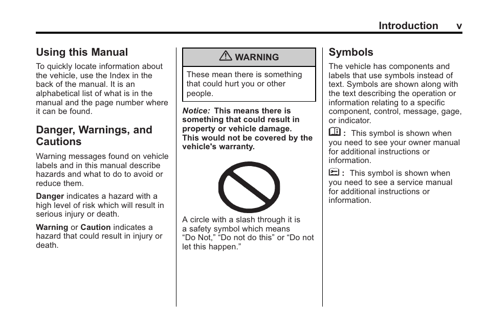 Using this manual, Danger, warnings, and cautions, Symbols | CHEVROLET 2010 Equinox User Manual | Page 5 / 410