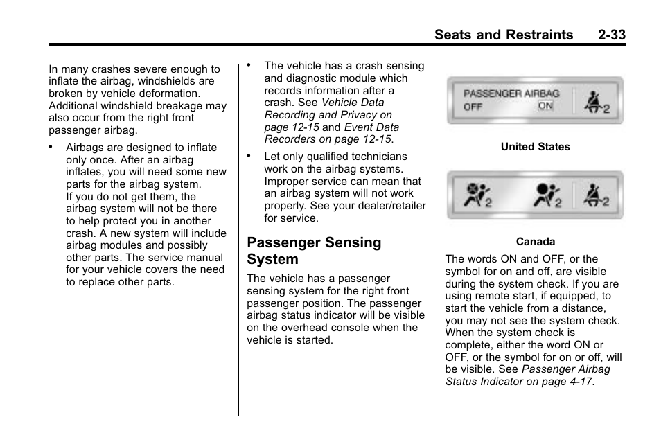 Passenger sensing system, Passenger sensing, System -33 | Seats and restraints 2-33 | CHEVROLET 2010 Equinox User Manual | Page 59 / 410