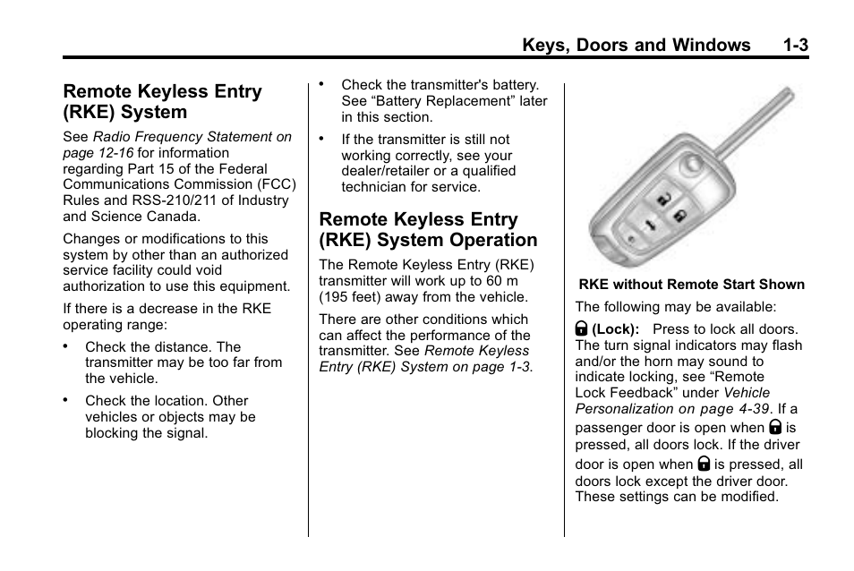 Remote keyless entry (rke) system, Remote keyless entry (rke) system operation, Remote keyless entry (rke) | System -3, System operation -3, Windows, Keys, doors and windows 1-3 | CHEVROLET 2010 Equinox User Manual | Page 9 / 410