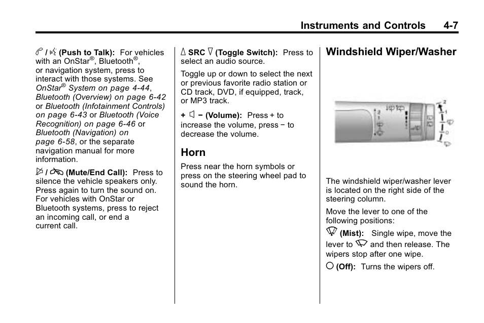 Horn, Windshield wiper/washer, Horn -7 windshield wiper/washer -7 | Windshield wiper/washer on | CHEVROLET 2010 Equinox User Manual | Page 99 / 410