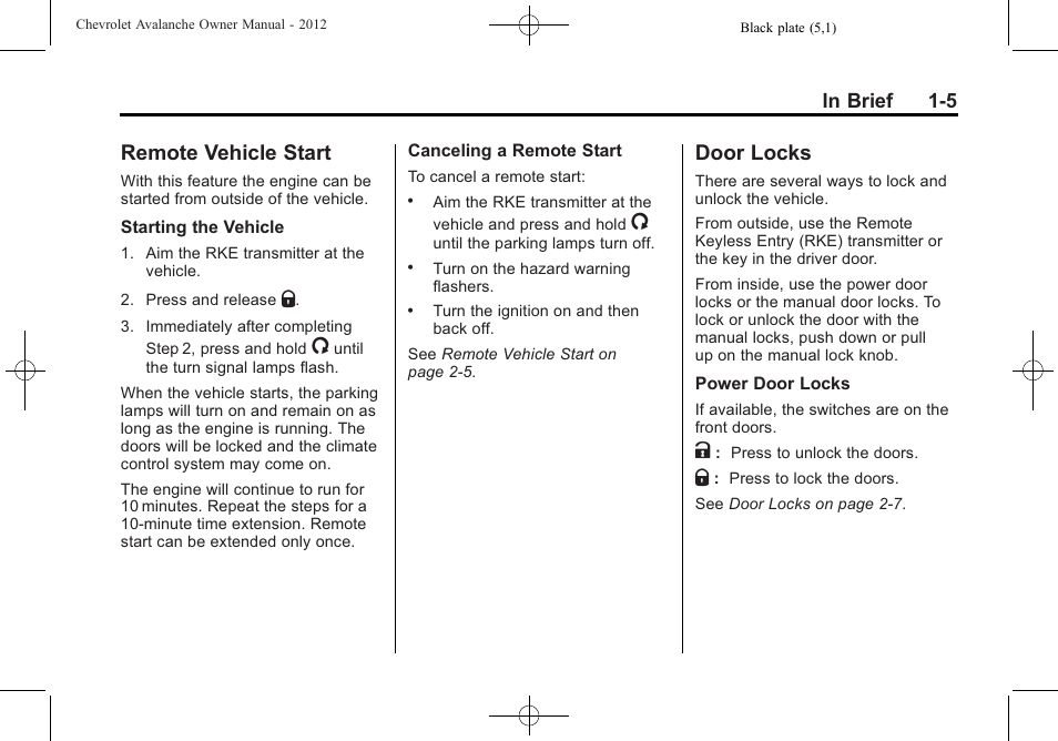 Remote vehicle start, Door locks, Remote vehicle start -5 door locks -5 | Windshield | CHEVROLET 2010 Avalanche User Manual | Page 11 / 508