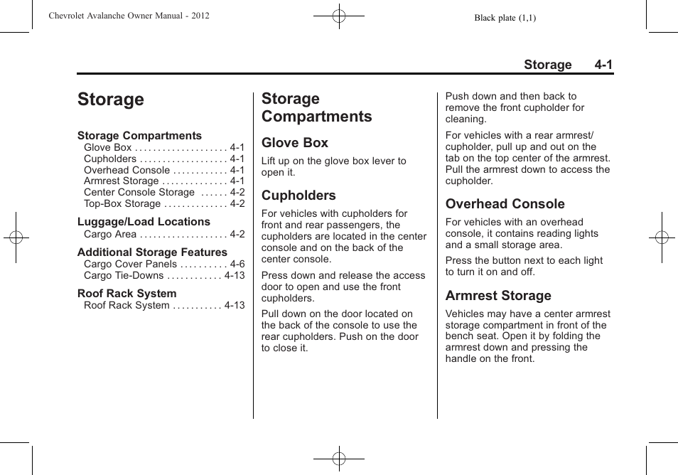 Storage, Storage compartments, Glove box | Cupholders, Overhead console, Armrest storage, Storage -1, Storage compartments -1, Phone | CHEVROLET 2010 Avalanche User Manual | Page 117 / 508