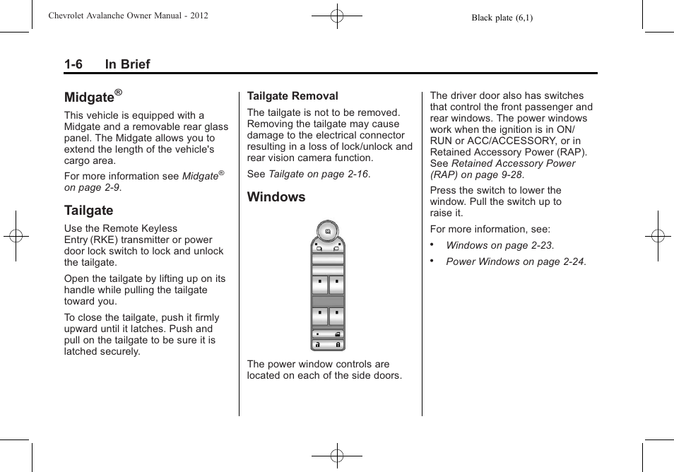 Midgate, Tailgate, Windows | Tailgate -6 windows -6, 6 in brief | CHEVROLET 2010 Avalanche User Manual | Page 12 / 508