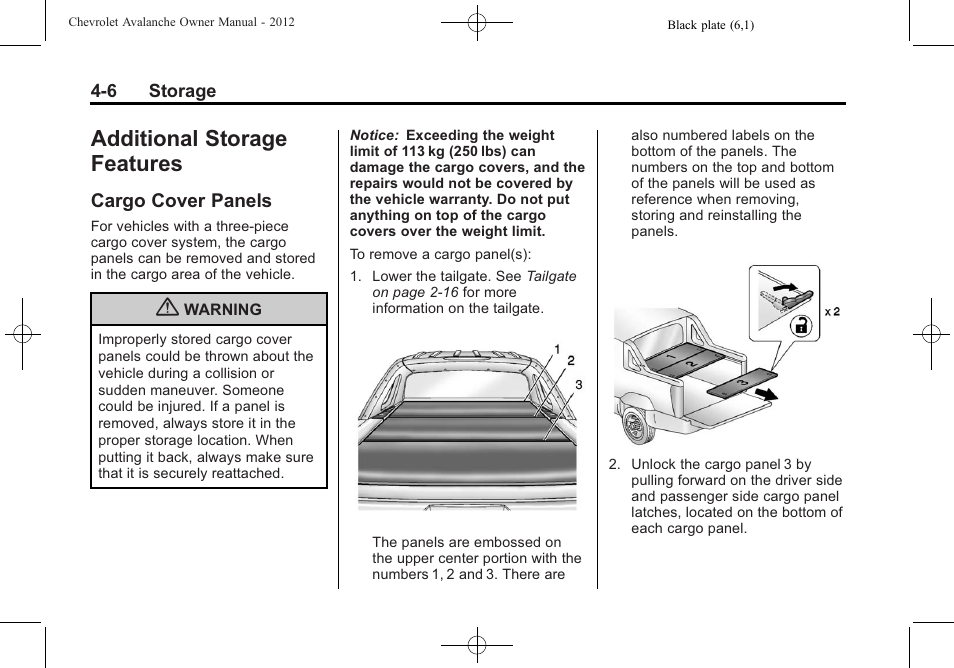 Additional storage features, Cargo cover panels, Agreements | Cargo cover panels -6 | CHEVROLET 2010 Avalanche User Manual | Page 122 / 508