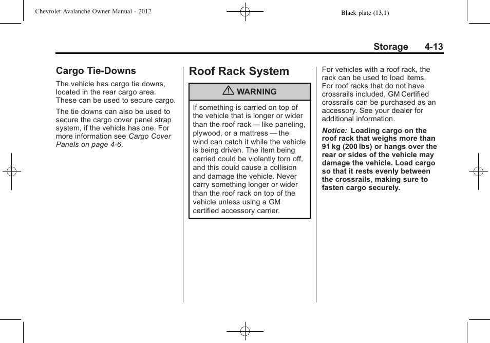Cargo tie-downs, Roof rack system, Roof rack system -13 | Cargo tie-downs -13 | CHEVROLET 2010 Avalanche User Manual | Page 129 / 508