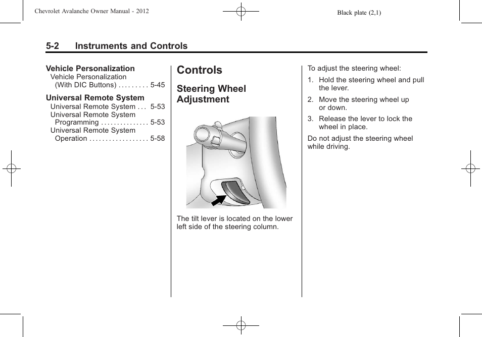 Controls, Steering wheel adjustment, Controls -2 | Air vents, Steering wheel adjustment on, Steering wheel adjustment -2 | CHEVROLET 2010 Avalanche User Manual | Page 132 / 508