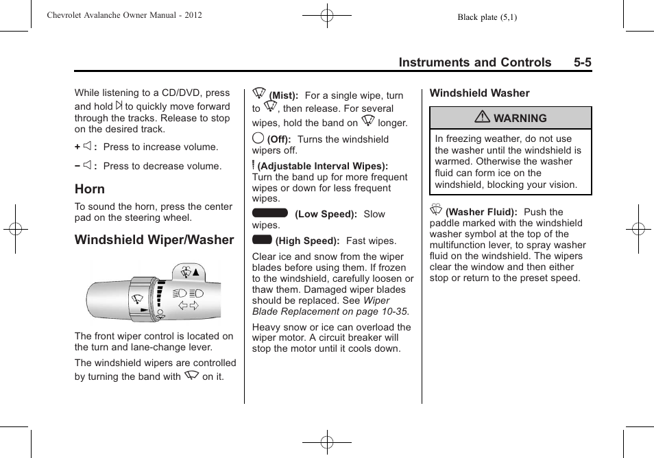 Horn, Windshield wiper/washer, Horn -5 windshield wiper/washer -5 | CHEVROLET 2010 Avalanche User Manual | Page 135 / 508