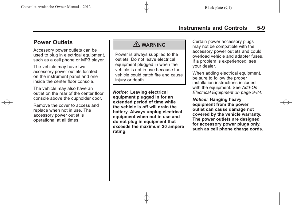 Power outlets, Power outlets -9 | CHEVROLET 2010 Avalanche User Manual | Page 139 / 508
