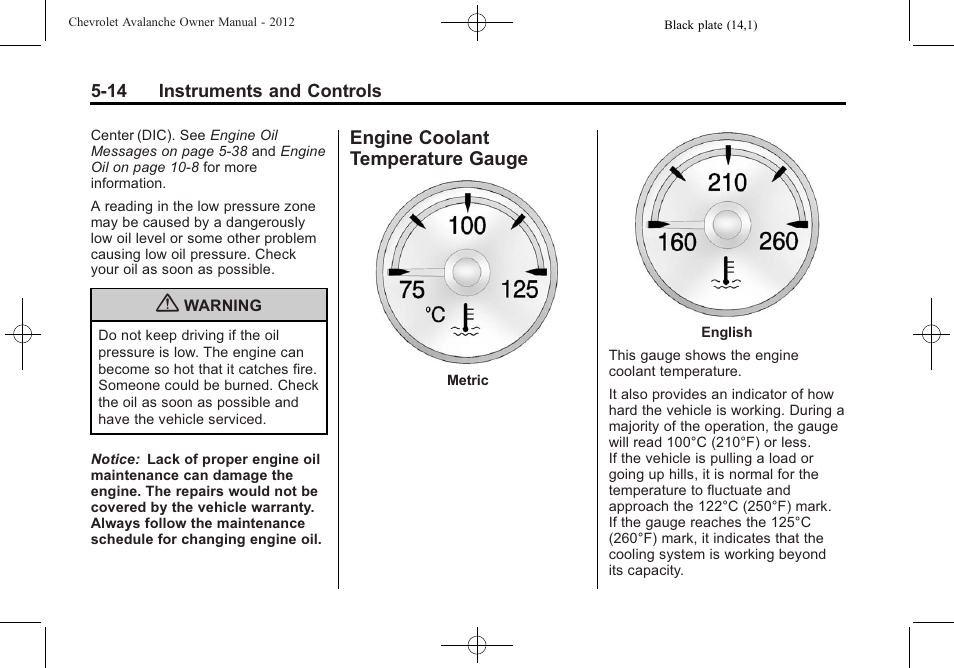 Engine coolant temperature gauge, Engine coolant temperature, Gauge -14 | CHEVROLET 2010 Avalanche User Manual | Page 144 / 508