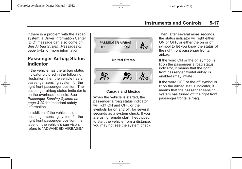Passenger airbag status indicator, Passenger airbag status, Indicator -17 | CHEVROLET 2010 Avalanche User Manual | Page 147 / 508