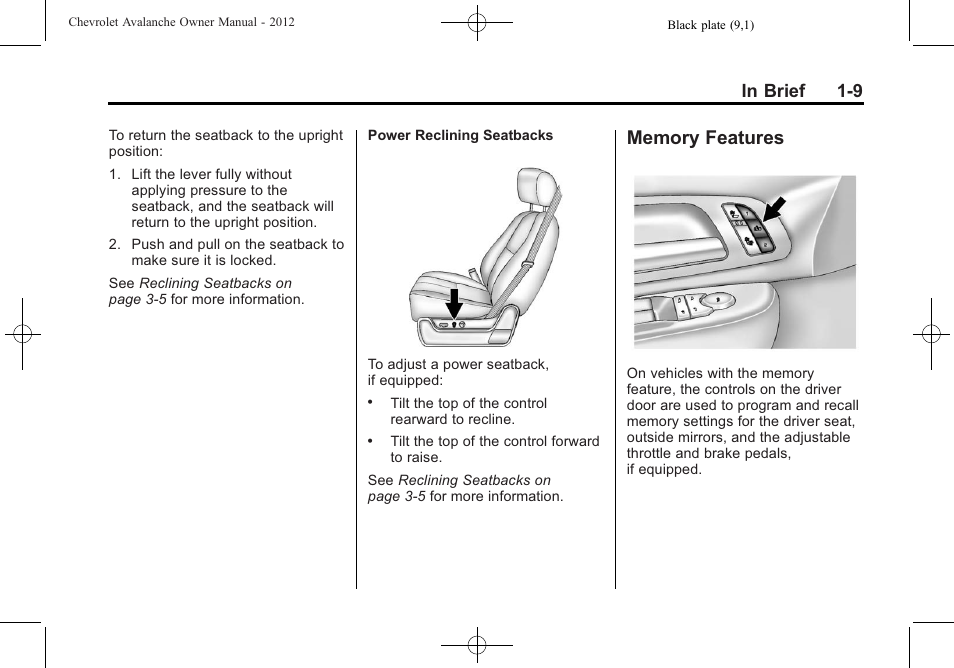 Memory features, Memory features -9 | CHEVROLET 2010 Avalanche User Manual | Page 15 / 508