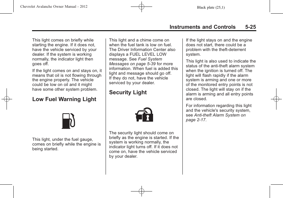 Low fuel warning light, Security light, Low fuel warning light -25 security light -25 | CHEVROLET 2010 Avalanche User Manual | Page 155 / 508