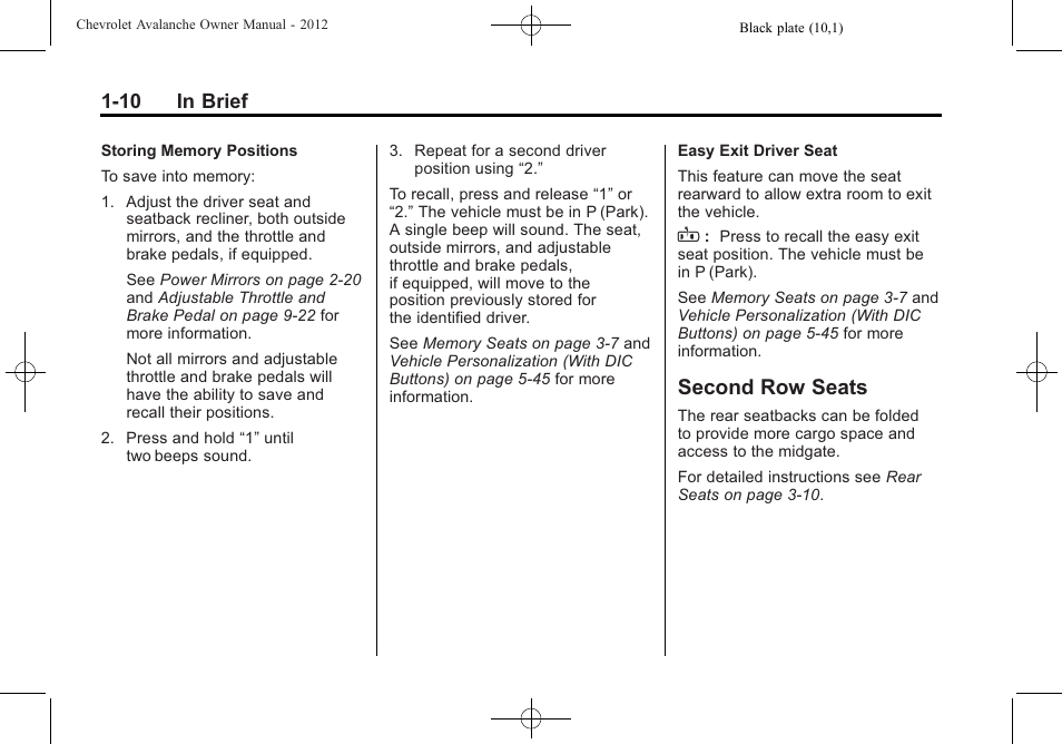 Second row seats, Second row seats -10 | CHEVROLET 2010 Avalanche User Manual | Page 16 / 508