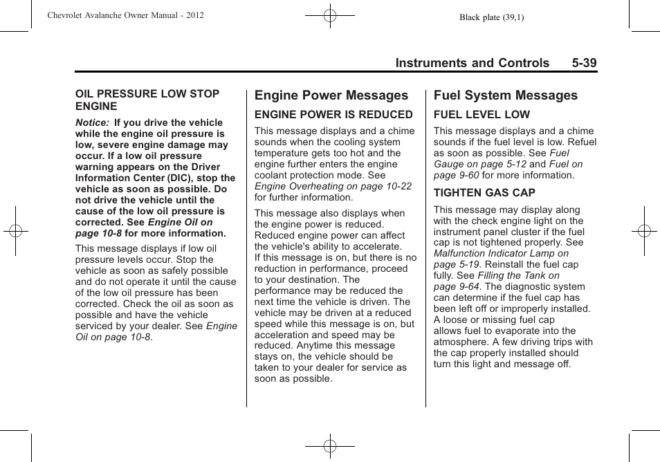 Engine power messages, Fuel system messages, Engine power messages -39 fuel system messages -39 | CHEVROLET 2010 Avalanche User Manual | Page 169 / 508