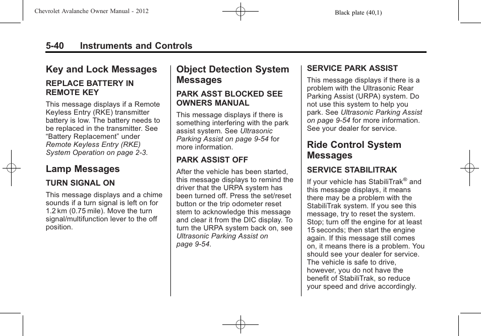 Key and lock messages, Lamp messages, Object detection system messages | Ride control system messages, Messages -40, Ride control system | CHEVROLET 2010 Avalanche User Manual | Page 170 / 508