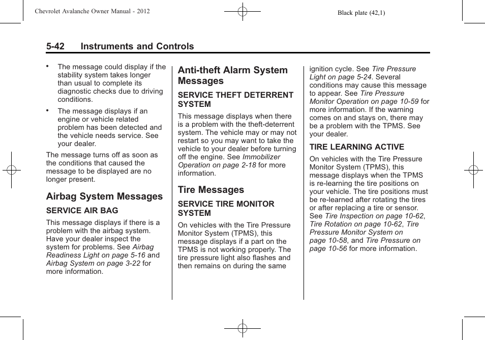 Airbag system messages, Anti-theft alarm system messages, Tire messages | Airbag system messages -42 anti-theft alarm system, Messages -42, Tire messages -42 | CHEVROLET 2010 Avalanche User Manual | Page 172 / 508
