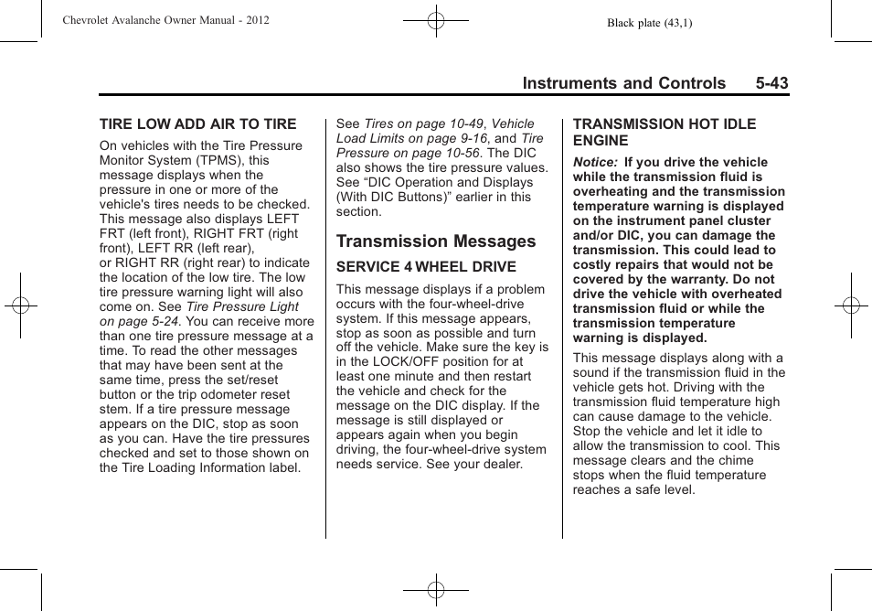 Transmission messages, Transmission messages -43 | CHEVROLET 2010 Avalanche User Manual | Page 173 / 508