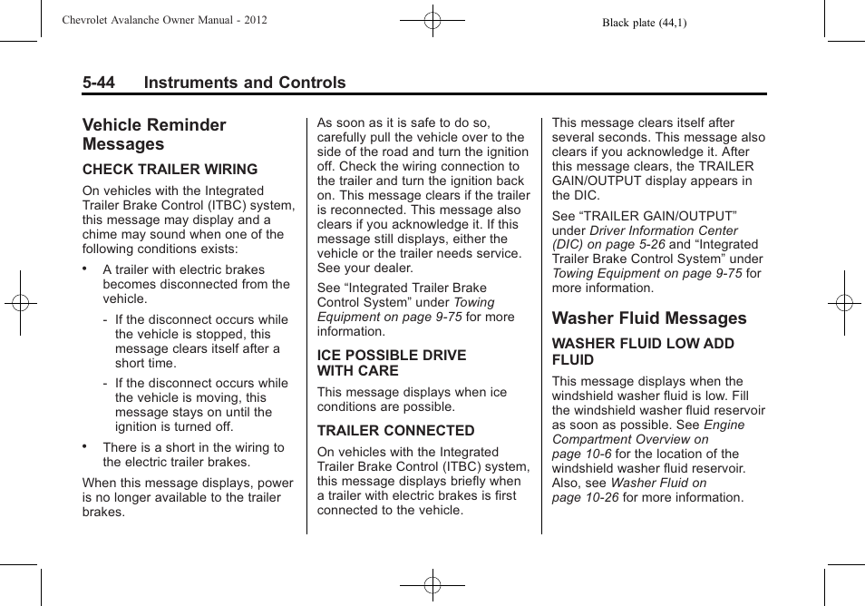 Vehicle reminder messages, Washer fluid messages, Vehicle reminder | Messages -44, Washer fluid messages -44, 44 instruments and controls | CHEVROLET 2010 Avalanche User Manual | Page 174 / 508