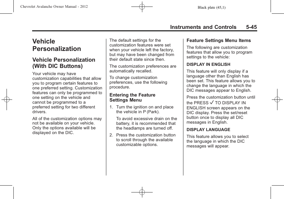 Vehicle personalization, Vehicle personalization (with dic buttons), With dic buttons) -45 | CHEVROLET 2010 Avalanche User Manual | Page 175 / 508