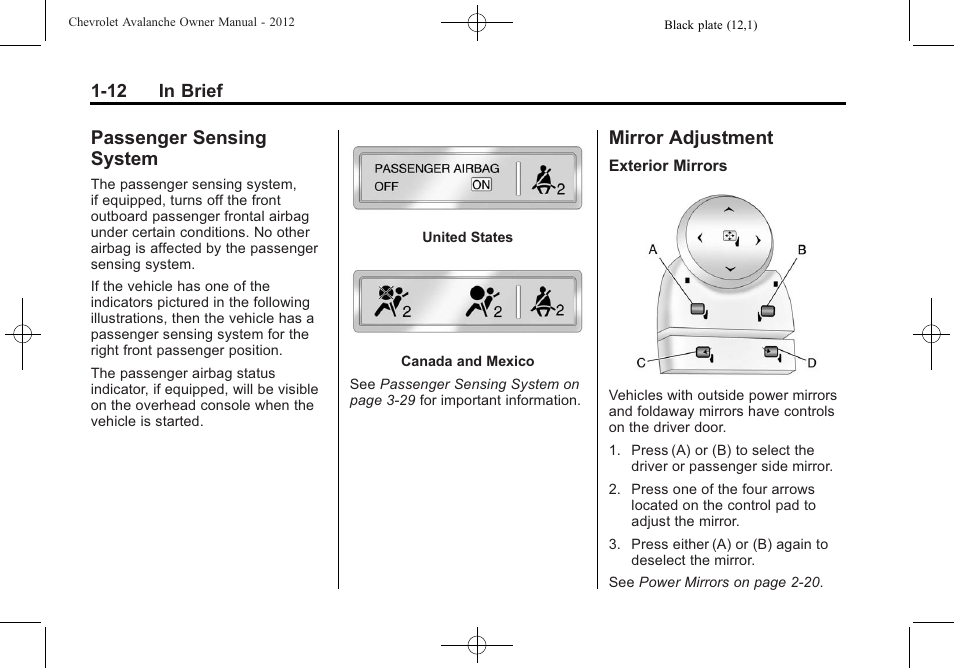 Passenger sensing system, Mirror adjustment, Passenger sensing | System -12, Mirror adjustment -12, Rear | CHEVROLET 2010 Avalanche User Manual | Page 18 / 508