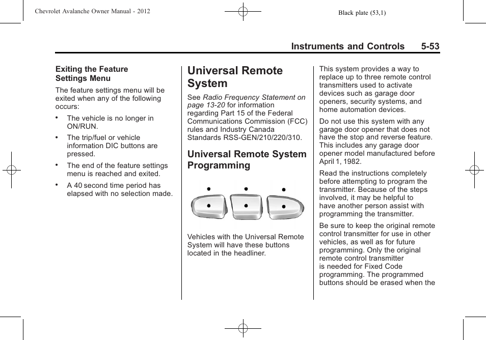 Universal remote system, Universal remote system programming, Remote system -53 | Programming -53, Instruments and controls 5-53 | CHEVROLET 2010 Avalanche User Manual | Page 183 / 508