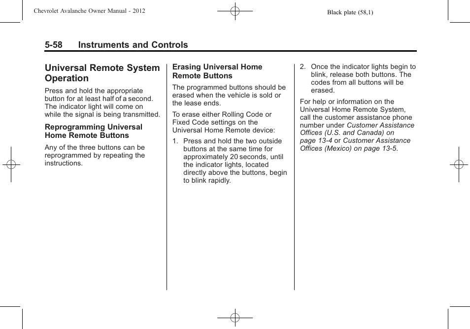 Universal remote system operation, Universal remote system, Operation -58 | CHEVROLET 2010 Avalanche User Manual | Page 188 / 508