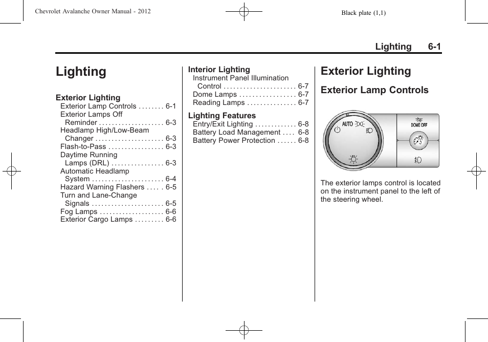 Lighting, Exterior lighting, Exterior lamp controls | Lighting -1, Exterior lighting -1, Ride control systems | CHEVROLET 2010 Avalanche User Manual | Page 189 / 508