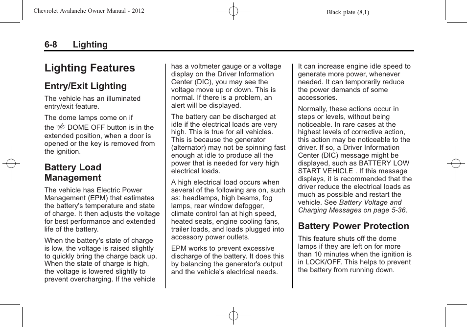 Lighting features, Entry/exit lighting, Battery load management | Battery power protection, Features -8, Object | CHEVROLET 2010 Avalanche User Manual | Page 196 / 508