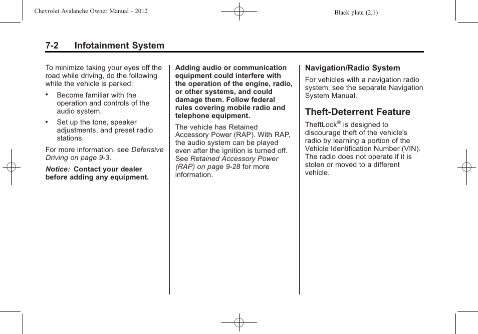 Theft-deterrent feature, Theft-deterrent feature -2, 2 infotainment system | CHEVROLET 2010 Avalanche User Manual | Page 198 / 508