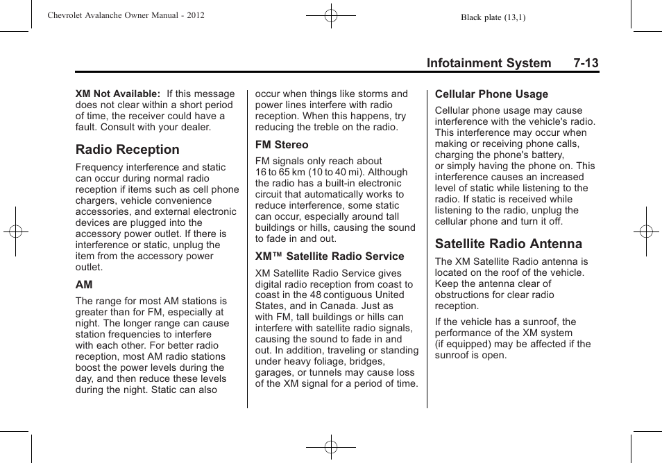 Radio reception, Satellite radio antenna, Radio reception -13 satellite radio antenna -13 | Trademarks | CHEVROLET 2010 Avalanche User Manual | Page 209 / 508